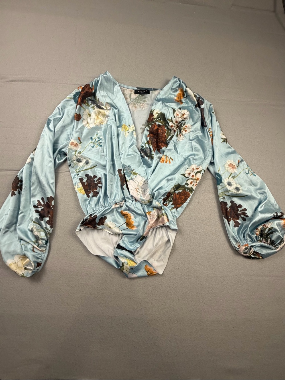 Beulah Sky Blue Floral Satin Wrap Bodysuit